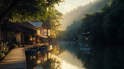 Obraz premium Tranquil riverside village at dawn, bathed in golden light.