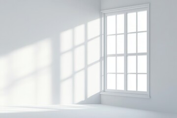 A single window casts light onto a white wall, creating a minimalist and clean aesthetic