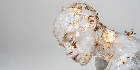 Naklejka premium Embodied Grace: An ethereal figure, adorned with golden accents, evokes a sense of serenity and introspective contemplation, exuding a unique artistry.