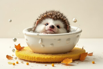 Adorable Hedgehog Soaking in Soap-Filled Bowl: Heartwarming Micro-Animal Illustration
