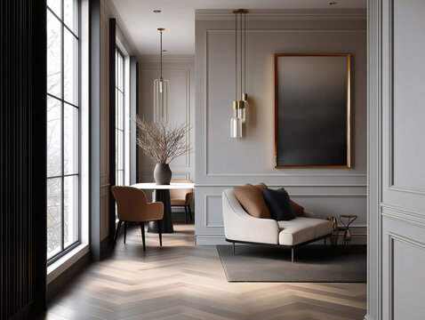 Aesthetic beautiful elegant  modern luxury interior design. Clear mock up empty wall for decoration in the apartment, painting frame. Copy space in the room.