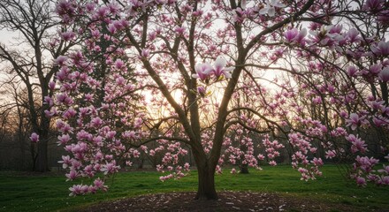 Fototapeta premium Majestic Magnolia Tree at Sunset - A breathtaking magnolia tree in full bloom, bathed in the warm glow of the setting sun. Pink blossoms cascade down its branches