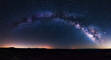 Majestic Milky Way Over Dark Landscape - Stunning panoramic view of the Milky Way galaxy arching over a dark, silhouetted landscape at night