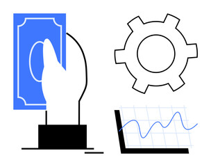 Hand clutching a bill, gear icon symbolizing processes, and a rising data chart. Ideal for finance, banking, business, economy, automation, market analysis simple landing page