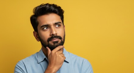 Obraz premium Man Contemplating Future Plans - A thoughtful young man with a beard, hand on chin, contemplates future decisions. Symbolizing ambition, planning, consideration, decision-making, and vision