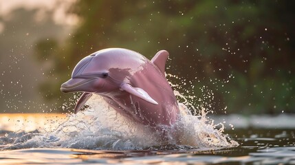 Fototapeta premium Mesmerizing pink river dolphin leaping out of the Amazon waters soft sunlight reflecting on its smooth skin ultra HD wildlife portrait