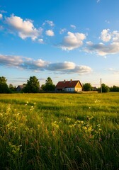 Scenic Rural House in Meadow Under Blue Sky with Clouds at Sunset. Grass, Field, Trees. Countryside.