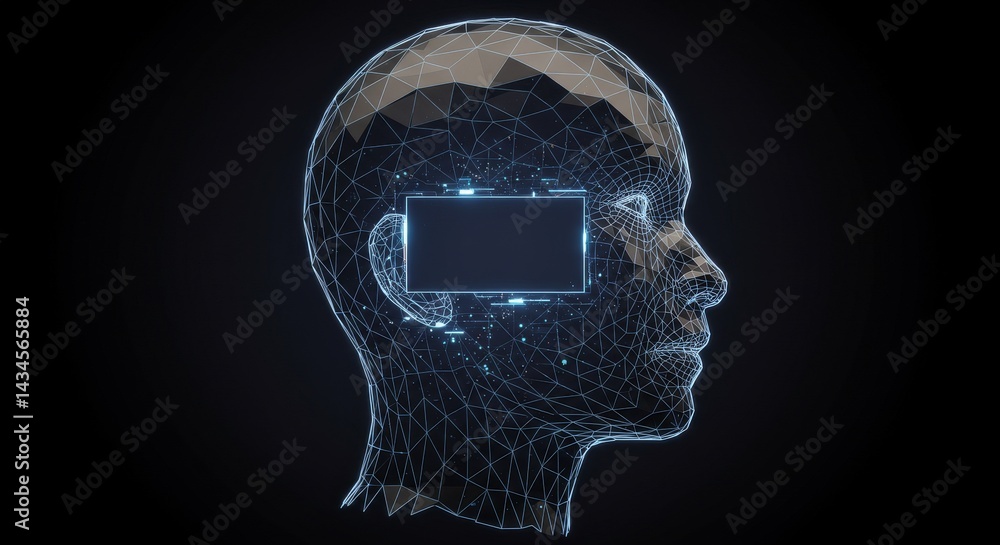 Aufkleber mind: data and consciousness - abstract head profile with glowing data rectangle in the mind, repres