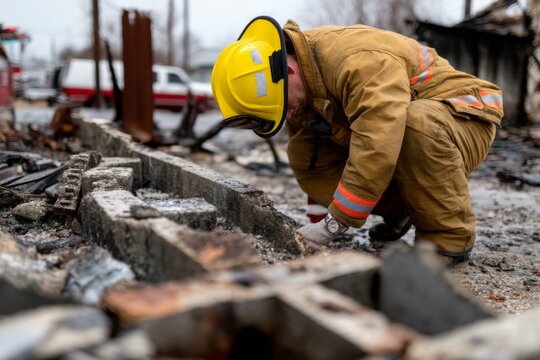 Firefighter Examining Building Remains After Fire Incident, Wearing Protective Gear and Yellow Helmet, Emergency Response Scene