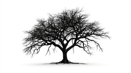 Silhouetted barren tree against a white background
