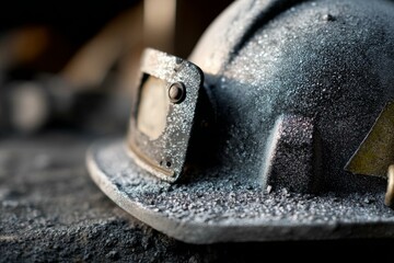 Close-up of used welding helmet coated with particles, set against a neutral background, showcasing industrial wear.