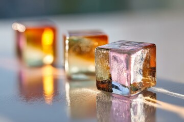 Three Ice Cubes on Reflective Surface Showcasing Different Light Refractions and Tonal Qualities in Controlled Studio Environment