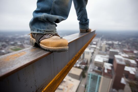 Construction worker's boots walking on steel beam high above a city landscape, signifying danger and precarious balance