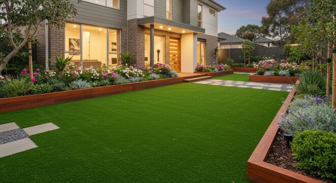 Modern Home Landscaping with Artificial Turf - Stunning landscape design featuring a modern home, artificial grass, and meticulously planned flowerbeds. Creates a serene and elegant outdoor space