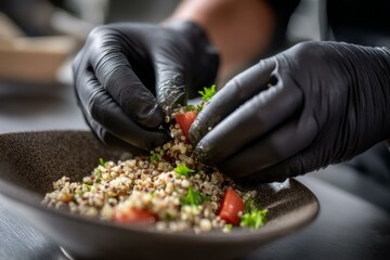 Chef wearing black gloves preparing grain salad with quinoa, tomato, and parsley in a deep bowl for gourmet dining