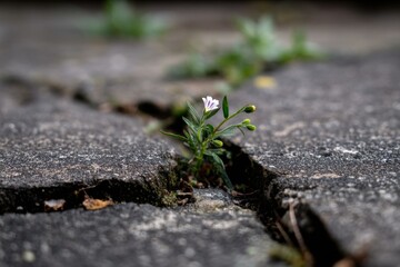 Resilient small plant with white flower growing from crack in concrete pavement. Persistence, determination, survival in nature.
