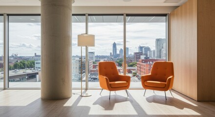 Fototapeta premium Modern Office Lobby with Orange Armchairs and City View - Stylish workspace, welcoming atmosphere, panoramic city view, comfortable seating, modern design. Symbolizes productivity, comfort