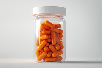 Clear glass jar with orange pill capsules and white plastic lid isolated on white background