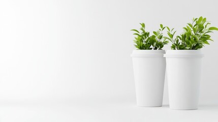 Fototapeta premium Two white disposable coffee cups, with small green plants on top, against a plain white background