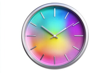 Clock with vibrant rainbow gradient face and silver frame isolated on white background modern design
