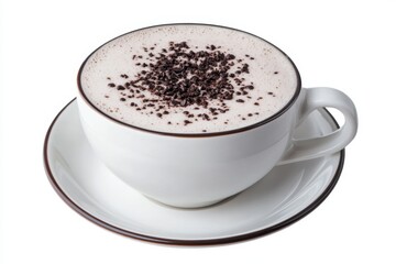 Naklejka premium Flat lay of a coffee cup with black foam on a white background, top-down isolated photography, high-resolution realistic and detailed photograph, stock photo, photo for an advertising banner.