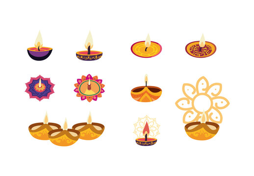 Yellow And Pink Diwali Lamps Illustration Set