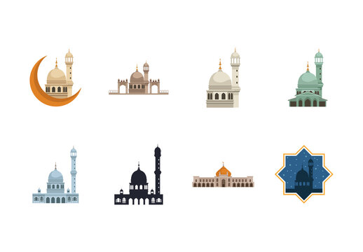 Colorful Islamic Mosque Architecture Illustration Design Set