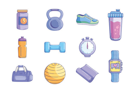 Colorful Fitness Gym Equipment Illustration Design Set