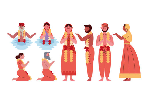 Colorful Kumbh Mela Holy Water Ritual Illustration Set