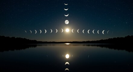 Obraz premium Moon Phases Over Serene Lake at Night - Tranquil night scene, moon phases reflected in calm lake water, starry sky, peaceful nature, celestial cycle. Symbolizing peace, serenity, cycles of life