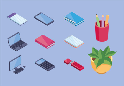 Colorful Stationery Devices Workplace Illustration Set