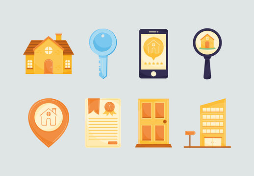 Yellow Orange Property Search Real Estate Icons Set