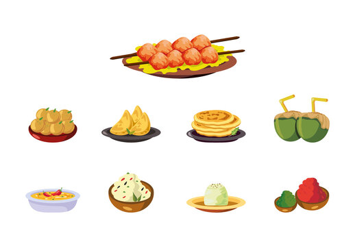 Delicious Traditional Indian Cuisine Dishes Illustration Set