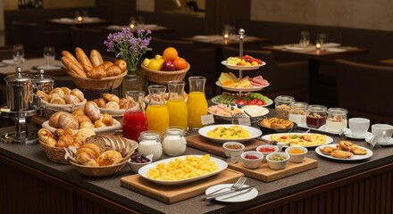 Fototapeta premium Morning Delights Breakfast Buffet - A lavish breakfast buffet featuring fresh pastries, bread, eggs, orange juice, and an array of delicious morning options. A feast for the senses
