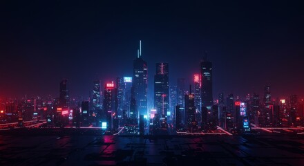 Fototapeta premium Neon Cityscape at Night - Futuristic city skyline at night, glowing with neon lights. Modern architecture, vibrant colors