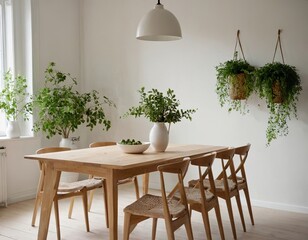 A serene dining area featuring a wooden table, potted plants, and natural light, creating a tranquil atmosphere.