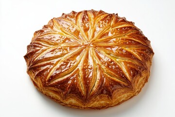 Golden Galette des Rois French King Cake with Star Pattern on White Background Top View