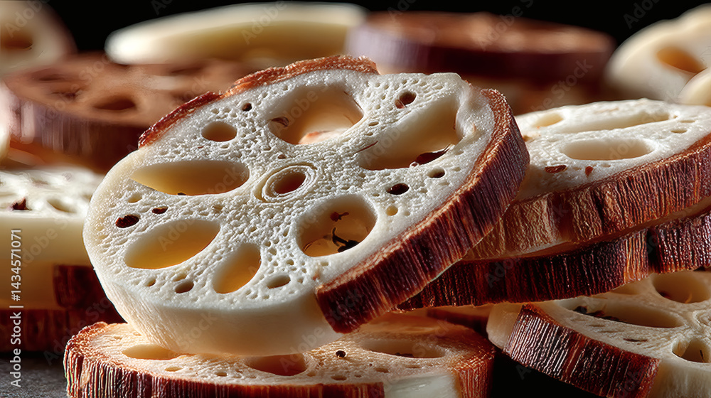 Poster sliced lotus root with unique patterns and textures on black surface