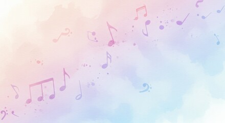 Pastel Music Notes Watercolor Background - Soft pastel colors, watercolor texture, floating music notes, dreamy atmosphere, peaceful soundscape. Symbolizes serenity, creativity, melody, harmony