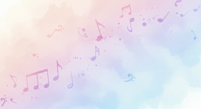 Fototapeta Pastel Music Notes Watercolor Background - Soft pastel colors, watercolor texture, floating music notes, dreamy atmosphere, peaceful soundscape. Symbolizes serenity, creativity, melody, harmony