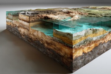 Detailed cross section displaying soil layers, rocks, and groundwater aquifer with lake on the surface.