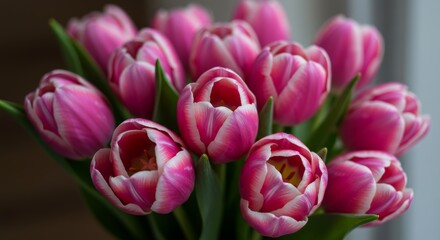 Fototapeta premium Pink Tulips Bouquet Spring Flowers - A lovely bouquet of pink tulips, symbolizing spring, love, new beginnings, happiness, and perfect beauty. A vibrant perfect for springtime celebrations