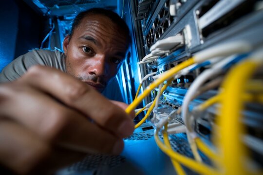 African Technician Connects Yellow Cable to Server Rack in Data Center for System Maintenance and Network Configuration