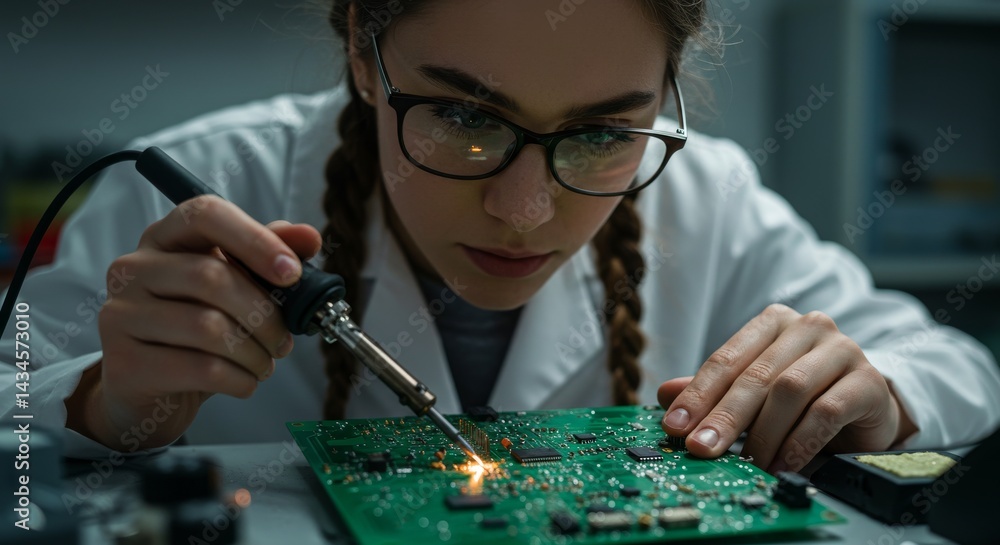 Poster precision soldering: electronics engineer at work - a focused electronics engineer meticulously sold