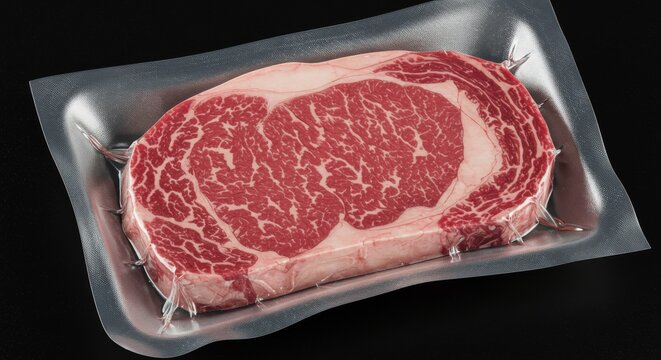 Premium Ribeye Steak Vacuum Packed - A high-quality, vacuum-sealed ribeye steak, ready for cooking. Rich marbling visible