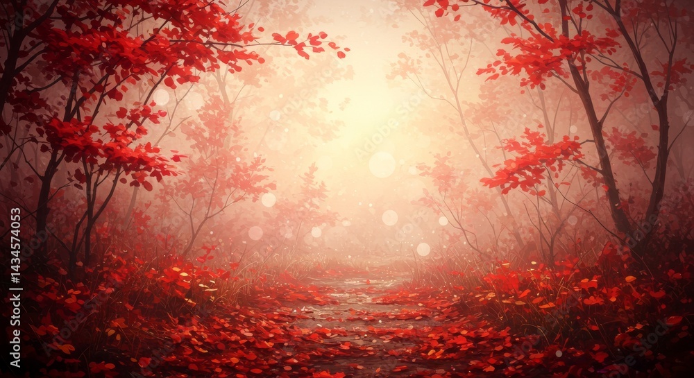 Poster red autumn forest path - a magical path winds through a misty forest, surrounded by vibrant red autu