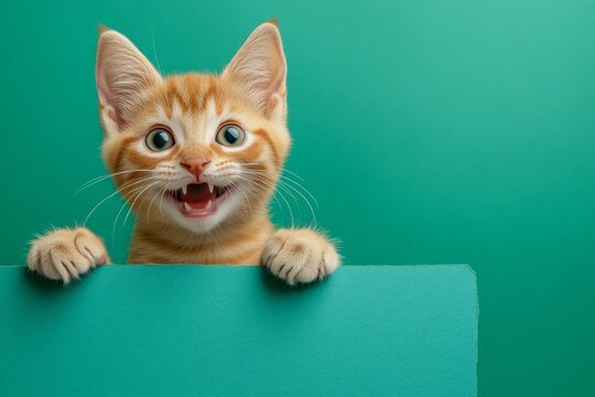 Cat marketing sign. &ETH;&iexcl;ute cat pixiebob hold in front paws a wireframe - large blue boulevard sign. Isolated young cat on a solid clothing green background. Cat photo ad. Ad photo with creature.