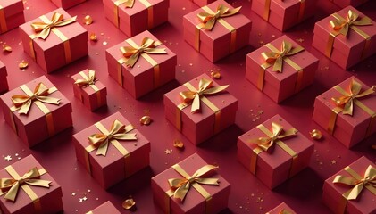 Elegant repeating gift box pattern, gold ribbon accents, tileable, abstract