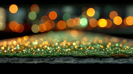 Abstract Green Bokeh Light Displayed Against Black Background With Warm Golden Light Reflections