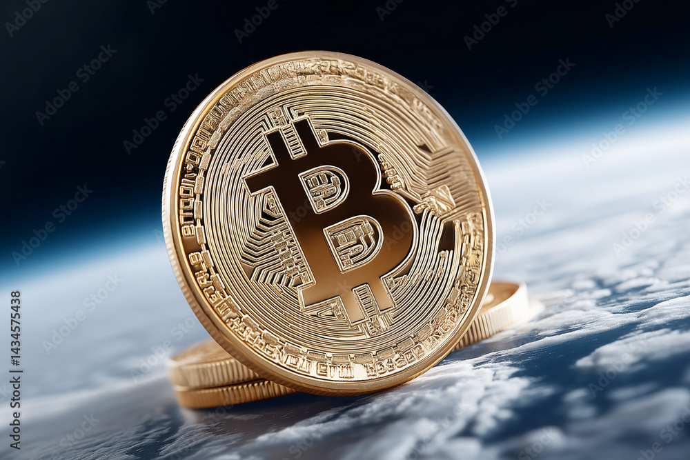 Poster bitcoin in orbit: a solitary bitcoin gleams with the promise of digital wealth, set against a blurre